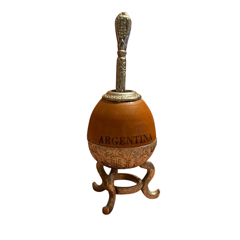 VTG Argentina Yerba Mate Gourd Tea Cup Alpaca Silver Stand & Bombilla Straw
